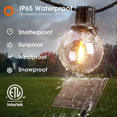 Close-up of 56 Ft Solar String Lights With Remote And USB Charging, 27 Shatterproof G40 Bulbs, waterproof in rain