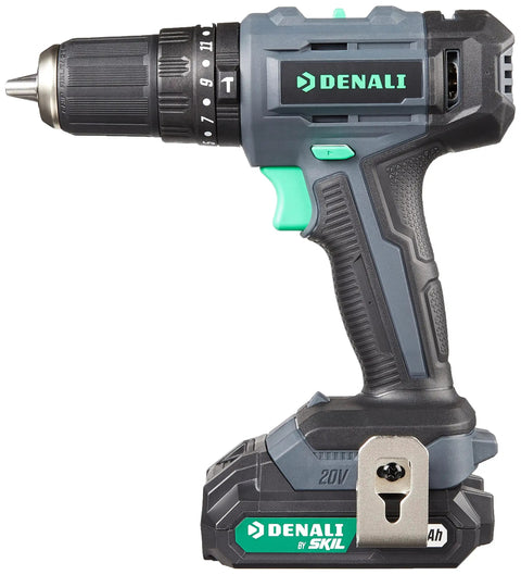 Skil 20V Cordless Hammer Drill Kit with 2x 2.0Ah Batteries and Charger featuring gray and green design.