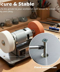 Hella Versatile Mini Bench Grinder Fitted With Three High Speed Buffing Wheels For Razor Knife Sharpening And Spotless Metal Polish, installed securely with screws.