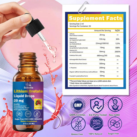 Dropper bottle of Lithium Orotate Liquid Drops 20mg 11 In 1 Mood Boost Formula with Supplement Facts sheet in background