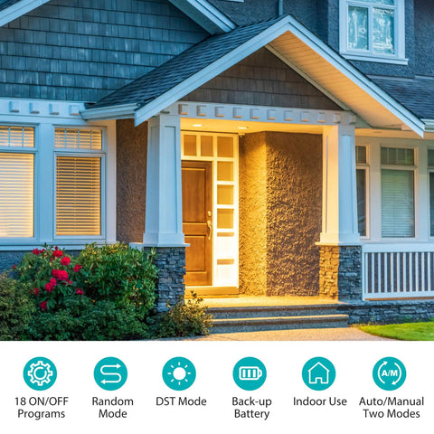 House exterior with porch light on, showing benefits of 7 Day Programmable In Wall Light Timer Switch With Blue Backlight Digital Indoor Timer For Single Pole And 3 Way Use SPDT Compatible Neutral Wire Required ETL Listed No Fuss Setup
