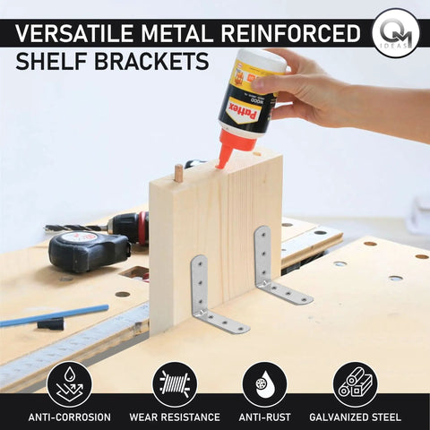20 Pack 90 Degree Angle Brackets For Wood And Metal 1.97 Inch By 1.97 Inch By 0.63 Inch 0.06 Inch Thick Galvanized Steel L Shape Corner Brace Plates With Six 0.16 Inch Holes Screws Not Included being used to assemble wooden shelf