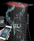 Game Changing Led Music Shower System With Thermostatic Rain Shower Head Digital Temperature Display showing water flow with music notes.