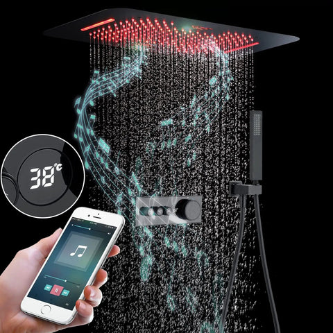 Game Changing Led Music Shower System With Thermostatic Rain Shower Head Digital Temperature Display showing water flow with music notes.