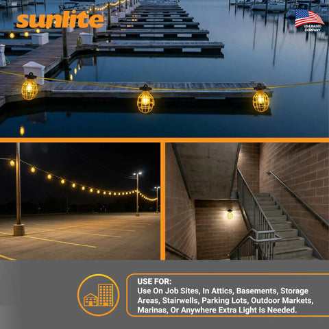 Industrial Cage String Lights 50 Ft With 5 E26 Sockets 75W Max Per Bulb ETL Rated Indoor Outdoor Jobsite Lighting over marina