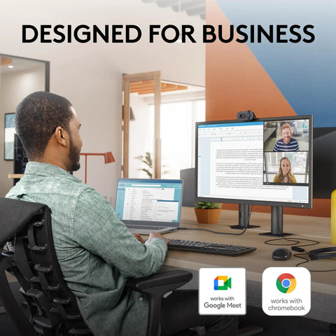 Man using Straight Up Full HD 1080P Business Webcam With Intelligent Auto Light Tuning For Razor Sharp Virtual Meetings.