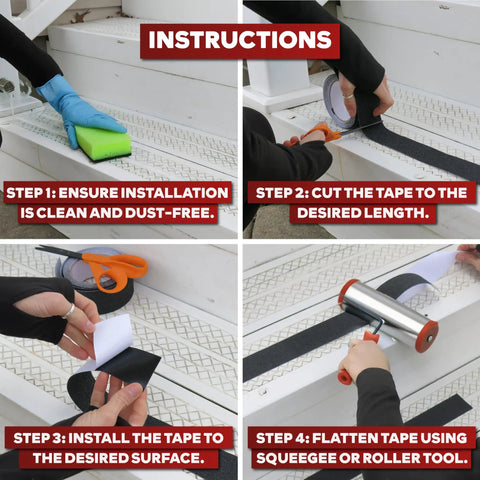 Installation steps for Anti Slip Stair Tape For Steps Black 4 Inch 60 Foot Durable Self Adhesive Non Slip Grip Tape.