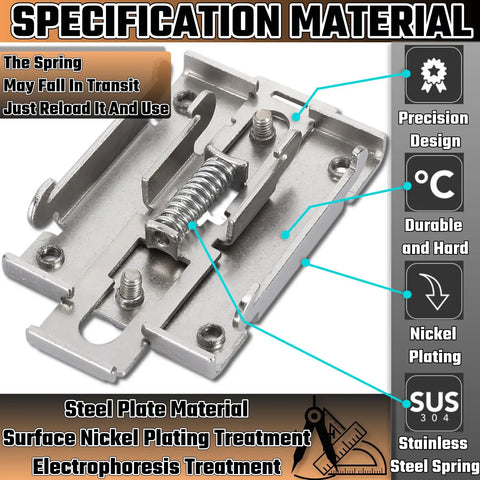 Close-up of 35Mm DIN Rail Mount Kit with stainless steel clamp, screws, spring, and bracket for solid state relays installation.