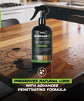 Hardcore Penetrating Sealer Spray For Concrete Brick And Unsealed Grout Leaves Invisible Stain Shield on wooden surface.