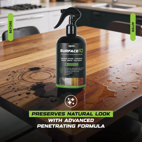 Hardcore Penetrating Sealer Spray For Concrete Brick And Unsealed Grout Leaves Invisible Stain Shield on wooden surface.