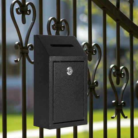Lockable Cash Drop Box With Slot For Farm Stand Sales Office Or Home, Rugged Metal Money Box For Donations And Suggestions With Wall Mount, Black And Secure, Measures 10.24 By 5.7 By 2.95 Inches