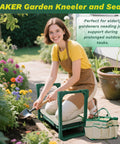 Garden Kneeler And Seat Foldable Gardening Stool With Extendable Legs used by woman in garden with tool storage bag nearby.