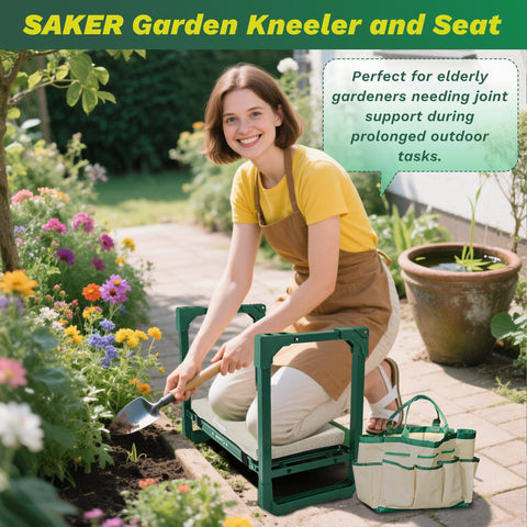 Garden Kneeler And Seat Foldable Gardening Stool With Extendable Legs used by woman in garden with tool storage bag nearby.