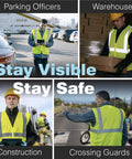 High Visibility Safety Vest Type R Class 2 Ansi Certified Lime Mesh With Secure Zipper And Inside Pocket Bulk Case Of 10 worn by construction workers and parking officers.