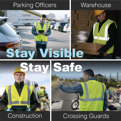 High Visibility Safety Vest Type R Class 2 Ansi Certified Lime Mesh With Secure Zipper And Inside Pocket Bulk Case Of 10 worn by construction workers and parking officers.