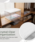 Clear Stackable Storage Bins With Transparent Slide Front Doors on shelf, organizing folded clothes in a closet.