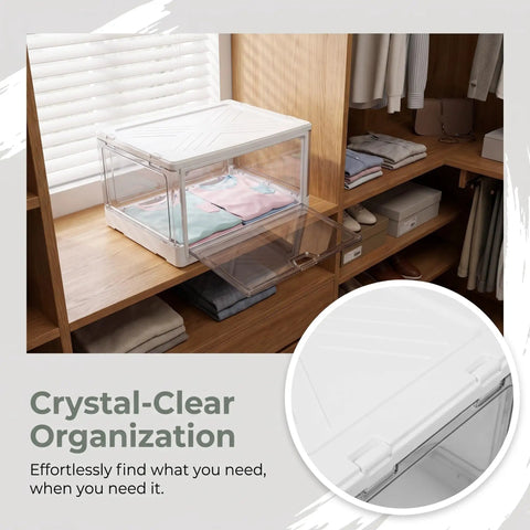 Clear Stackable Storage Bins With Transparent Slide Front Doors on shelf, organizing folded clothes in a closet.