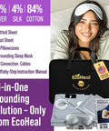Grounding Sheet Set Queen Size With Twelve Percent Silver Fiber Four Percent Silk Eighty Four Percent Cotton Blend; eye mask, bag, cables.