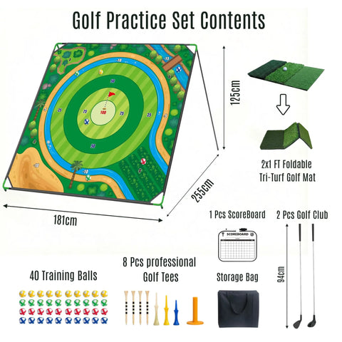 Ultra Large 70x70 Inch Golf Chipping Net For Backyard Practice With 40 Training Balls, 3 Turf Hitting Mat, and 2 Practice Clubs diagram