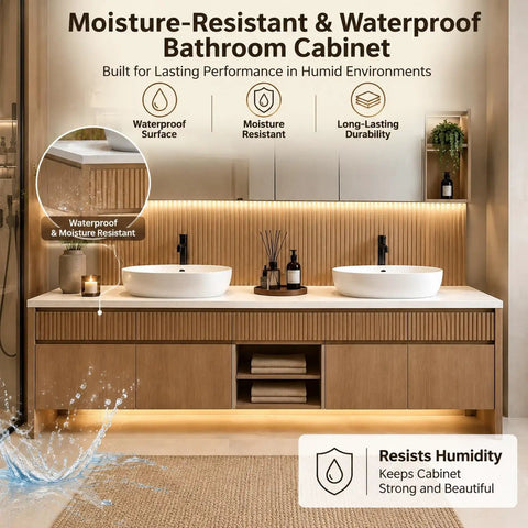 66 Inch Freestanding Double Sink Bathroom Vanity With Led Mirror And Textured Wood Finish, showcasing moisture-resistant design and lighting.