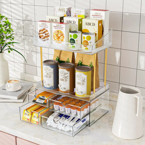 Slick 4 Tier Clear Makeup Organizer Featuring Four Spacious Drawers For Bathroom Counter Storage Effortlessly Stores various containers and essentials.