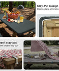Fitted Picnic Tablecloth 3 Piece Set With Bench Covers And Built In Storage Pouch For Easy One Person Setup High Density Fabric Dual Side Waterproof And Windproof Perfect For Camping RV BBQ And Outdoor Meals shown at a campsite with picnic items.