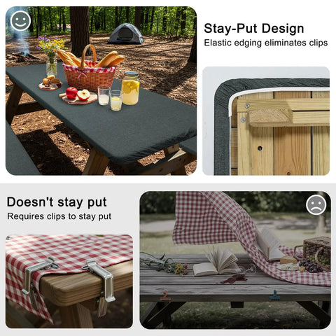 Fitted Picnic Tablecloth 3 Piece Set With Bench Covers And Built In Storage Pouch For Easy One Person Setup High Density Fabric Dual Side Waterproof And Windproof Perfect For Camping RV BBQ And Outdoor Meals shown at a campsite with picnic items.