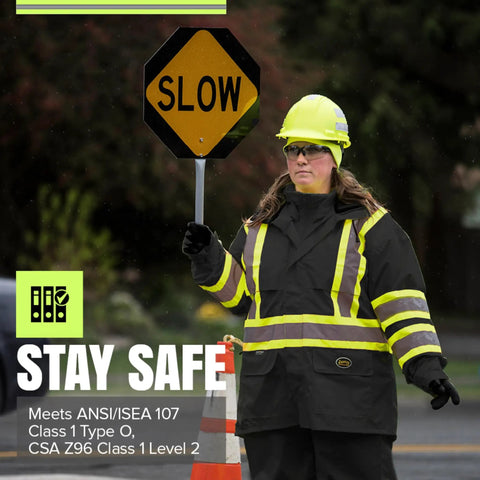 High Visibility Lightweight Waterproof Safety Rain Suit Featuring Reflective Work Jacket And Heavy Duty Bib Pants To Keep You Straight Up Dry At The Site, worn by traffic worker with sign.