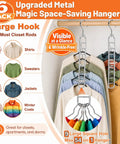 Heavy Duty Metal Hangers Six Pack Featuring Fifty Four Hooks For Massive Space Saving Closet Organization And College Dorm Essentials A Straight Up Dorm Room Game Changer Now, showcasing various clothing items hanging.