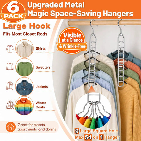 Heavy Duty Metal Hangers Six Pack Featuring Fifty Four Hooks For Massive Space Saving Closet Organization And College Dorm Essentials A Straight Up Dorm Room Game Changer Now, showcasing various clothing items hanging.