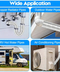 Wide application of 2 Inch By 33 Foot Outdoor Pipe Insulation Wrap Self Adhering Foam Tape on various pipe types.