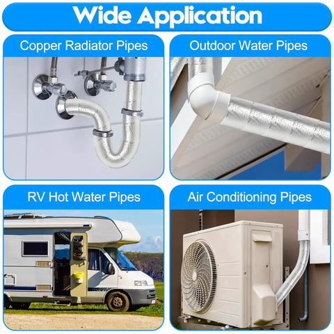 Wide application of 2 Inch By 33 Foot Outdoor Pipe Insulation Wrap Self Adhering Foam Tape on various pipe types.