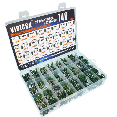 Beefy 740 Piece Capacitor Kit With 24 Value Metalized Mylar Film Capacitors in organized plastic storage box