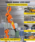 3/4 Ton Lever Chain Hoist With 1650 Lbs Capacity, 10 Ft Chain Come Along displayed in warehouse setting