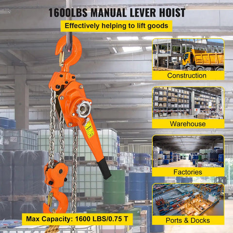 3/4 Ton Lever Chain Hoist With 1650 Lbs Capacity, 10 Ft Chain Come Along displayed in warehouse setting