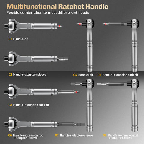 Magnetic 40 In 1 Screwdriver Set With 270 Degree Ball Joint Handle detail of multifunctional ratchet handle configurations.