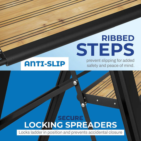 3 Step Folding Step Ladder With Bamboo And Black Aluminum Dope Ultra Slim Profile Non Slip Treads Lightweight Yet Durable For Home Office Kitchen Photography And DIY Projects Portable, ribbed anti-slip steps and locking spreaders