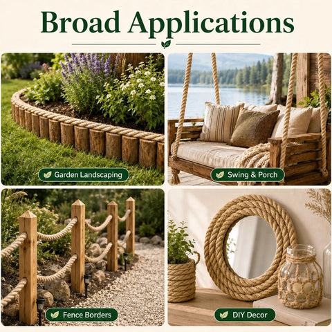 Collage showing uses of Heavy Duty 1 Inch Manila Jute Rope 100 Feet Natural Thick Hemp Rope for crafts, decor, and outdoor projects.