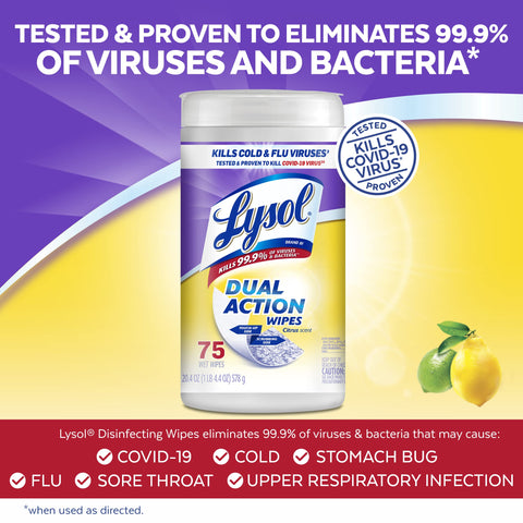 Dual Action Disinfecting Wipes For Quick Cleanups On Any Surface, Antibacterial Scrubbing Wipes With Citrus Scent, 75 Count container