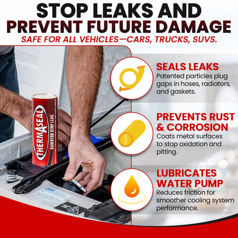 Fast Acting Radiator Stop Leak And Cooling System Sealer Conditioner 20G Tube shown sealing radiator leak, preventing damage.