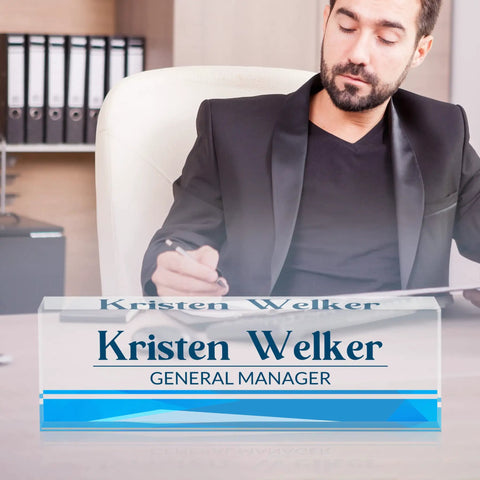 Custom Acrylic Desk Name Plate For Office Use, Personalize With Your Name And Title, crystal-clear blue, desk setup
