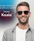 Koala eyeglass lens cleaner spray kit product image; man wears black sunglasses with Koala logo on gradient background.