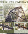 Close-up of Outdoor Egg Chair Without Stand With Cushion Cozy For Patio Balcony Garden Hang From Ceiling Or Tree Mount Foldable Durable Rattan Wicker Hammock Chair 350 Lbs Capacity Dark Gray Lounge For Reading And Relaxation, showcasing hand-woven wicker and rust prevention features.