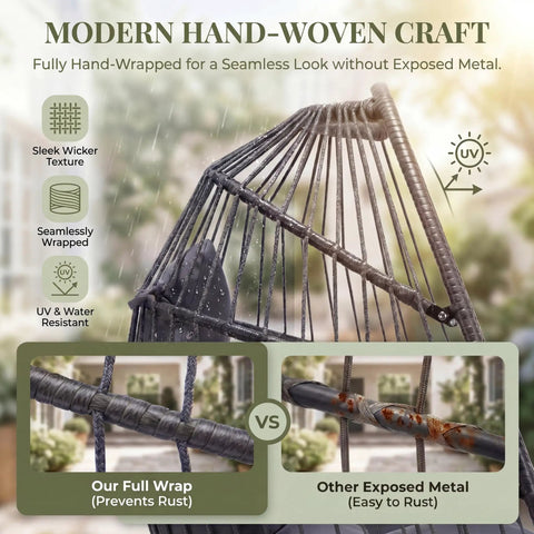 Close-up of Outdoor Egg Chair Without Stand With Cushion Cozy For Patio Balcony Garden Hang From Ceiling Or Tree Mount Foldable Durable Rattan Wicker Hammock Chair 350 Lbs Capacity Dark Gray Lounge For Reading And Relaxation, showcasing hand-woven wicker and rust prevention features.