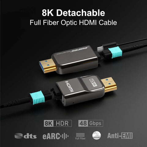 Badass Detachable Full Fiber Optic HDMI 2.1 Cable Featuring Tough Armored Jacket With Rapid Forty Eight Gbps Throughput.