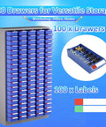 Heavy Duty 100 Drawer Parts Cabinet With Adjustable Dividers And Labels, shown with open drawers, for garage organization
