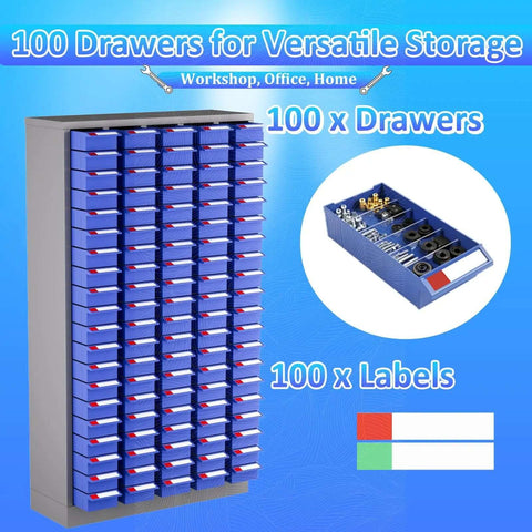 Heavy Duty 100 Drawer Parts Cabinet With Adjustable Dividers And Labels, shown with open drawers, for garage organization