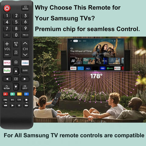 Universal Samsung TV Remote Control Replacement That Works With All Samsung LCD LED HDTV 3D Smart TVs Including Every Series Easy Setup No Code Needed Plug And Play IR Remote displayed next to people watching TV.