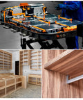 Electric vehicle battery assembly, unfinished wooden kitchen cabinets, close-up of shelf corner bracket installation.