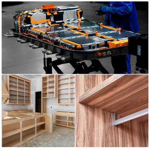 Electric vehicle battery assembly, unfinished wooden kitchen cabinets, close-up of shelf corner bracket installation.